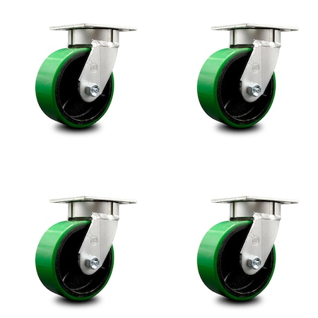 Kingpinless Polyurethane on Cast Iron Swivel Top Plate Caster Set of 4 w/5" x 2" Green Wheels - Includes 4 Swivel - 3600 lbs Total Capacity - Service Caster Brand